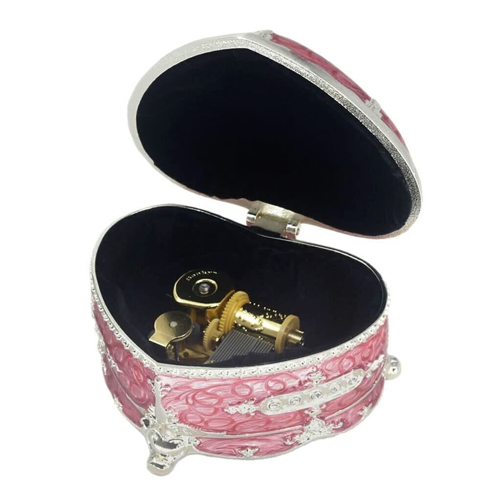 4732 Red Heart Emboss Alloy Metal Music Box Wind Up Antique Jewelry Musical